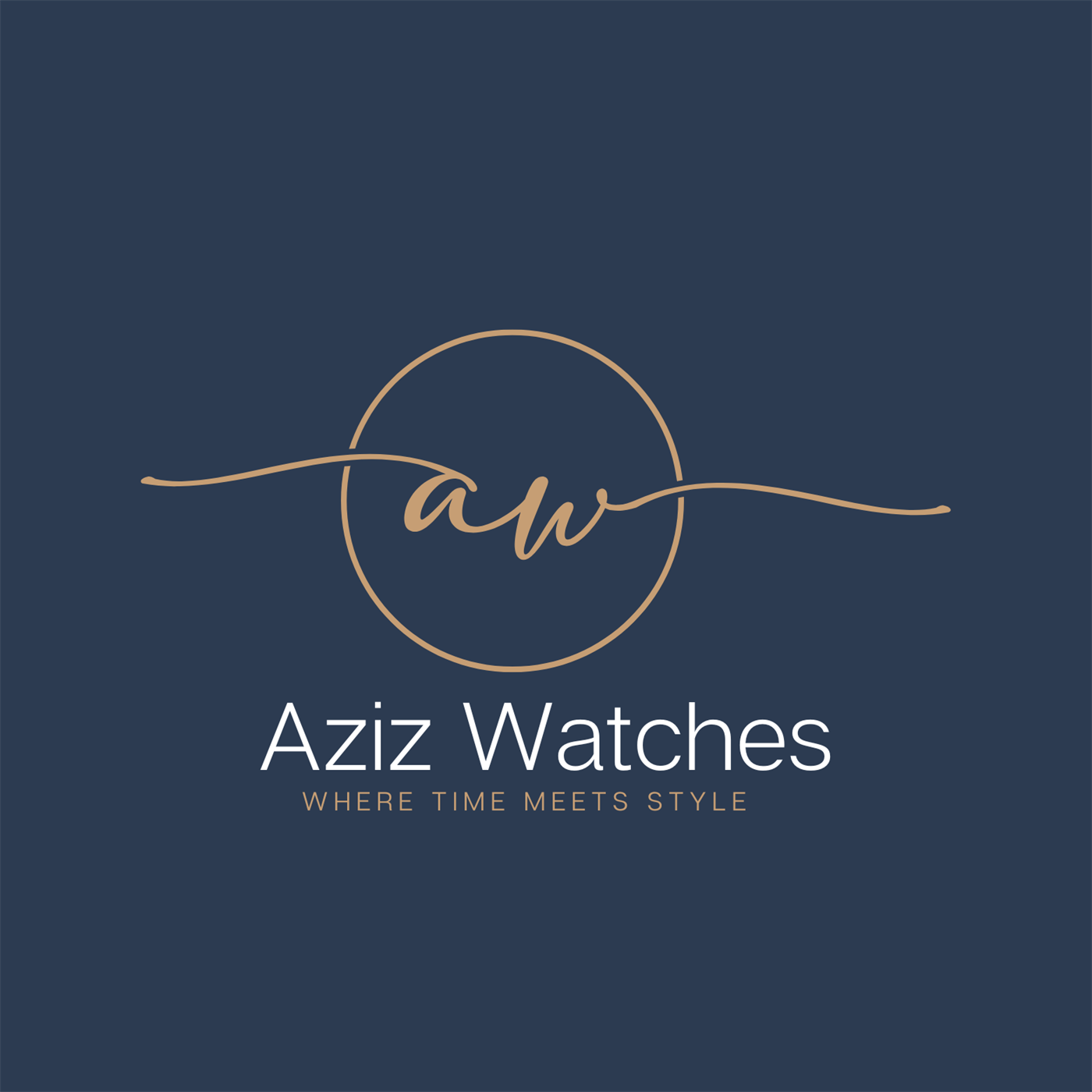 Aziz Watches logo design with a gold script AW monogram inside a circle on navy