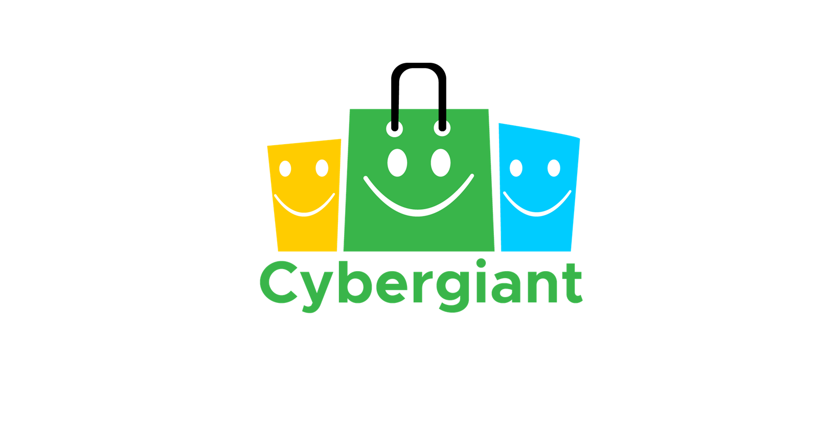 Cybergiant logo design showing three smiling shopping bags in green, yellow and blue