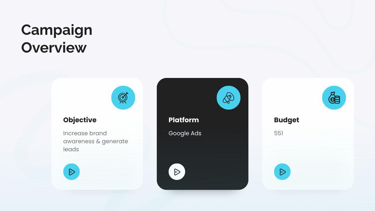 Campaign overview slide showing the objective to increase brand awareness and generate leads, the platform Google Ads, and a budget of 551