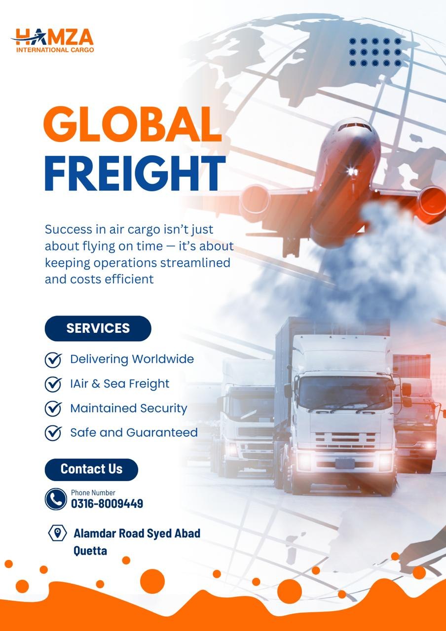 Hamza International Cargo Global Freight flyer listing services, phone number and Quetta address