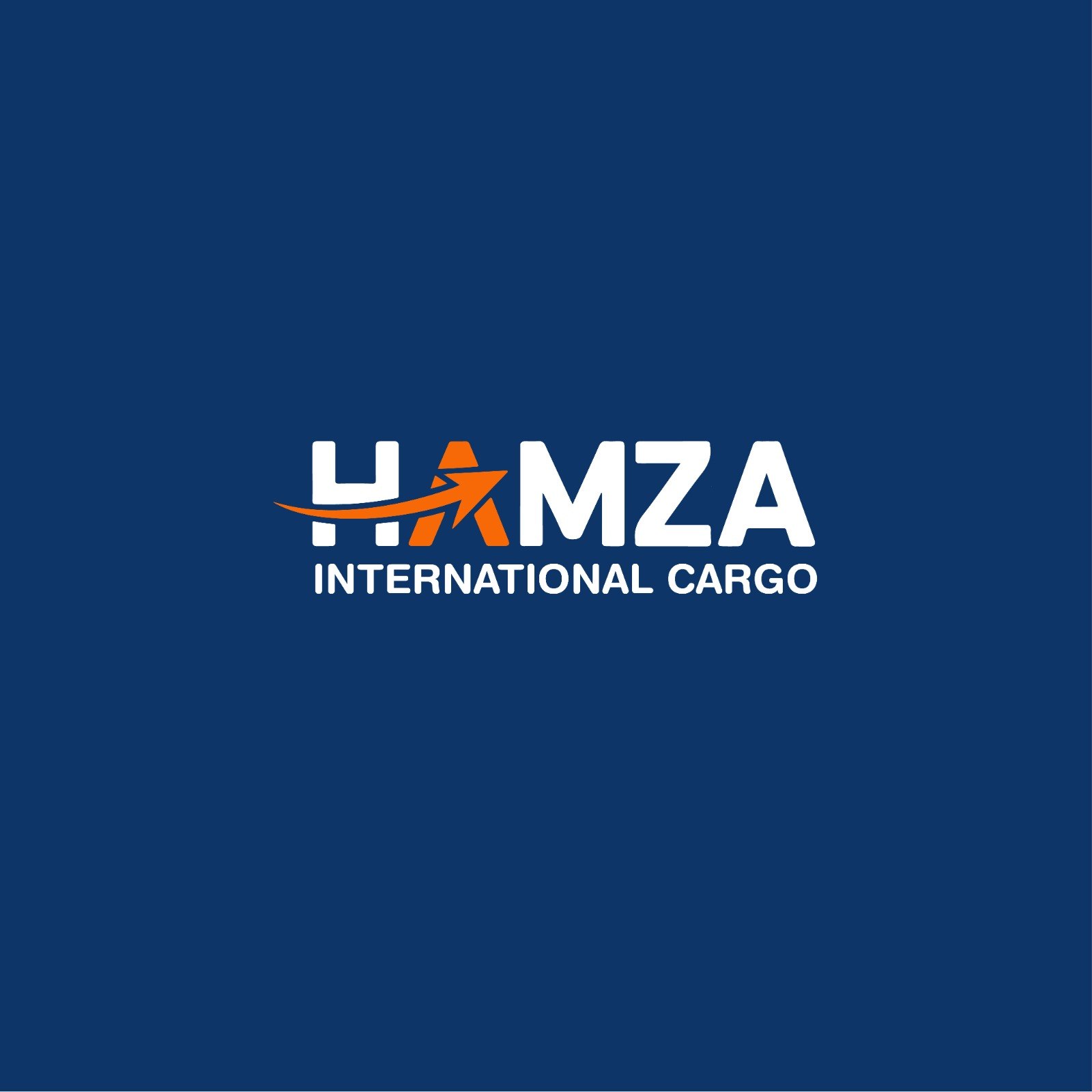 Hamza International Cargo logo reversed in white and orange on navy