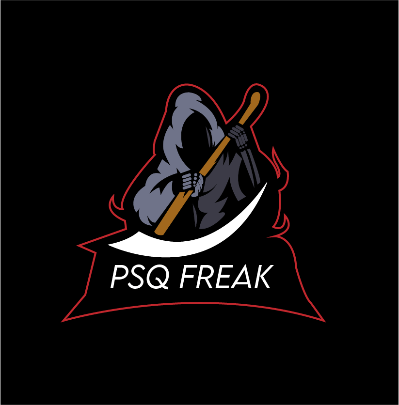 PSQ Freak gaming logo design showing a hooded reaper mascot holding a scythe