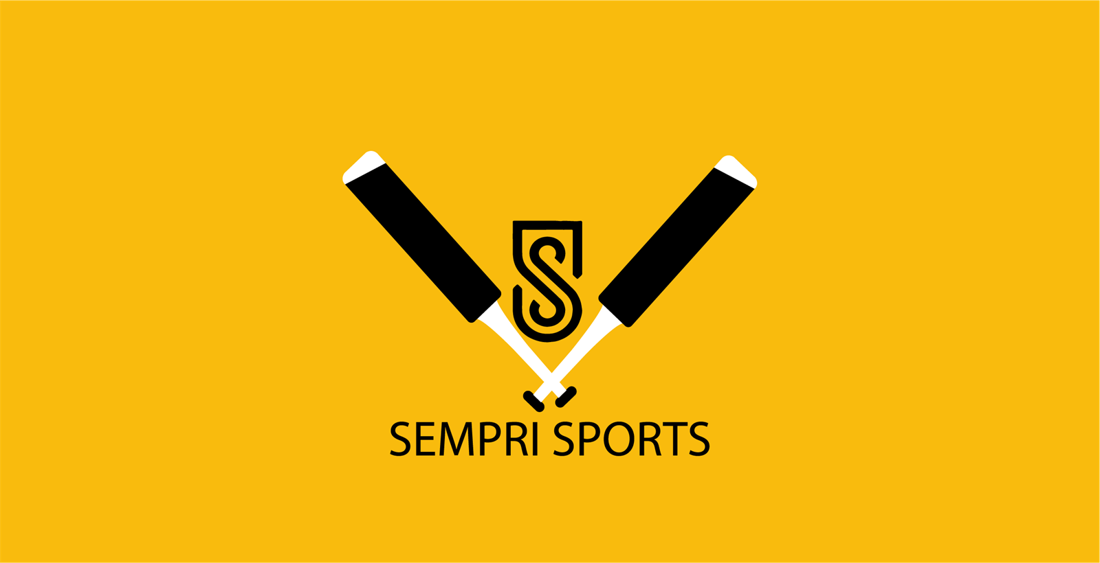 Sempri Sports logo design with crossed cricket bats and an S monogram on a yellow background